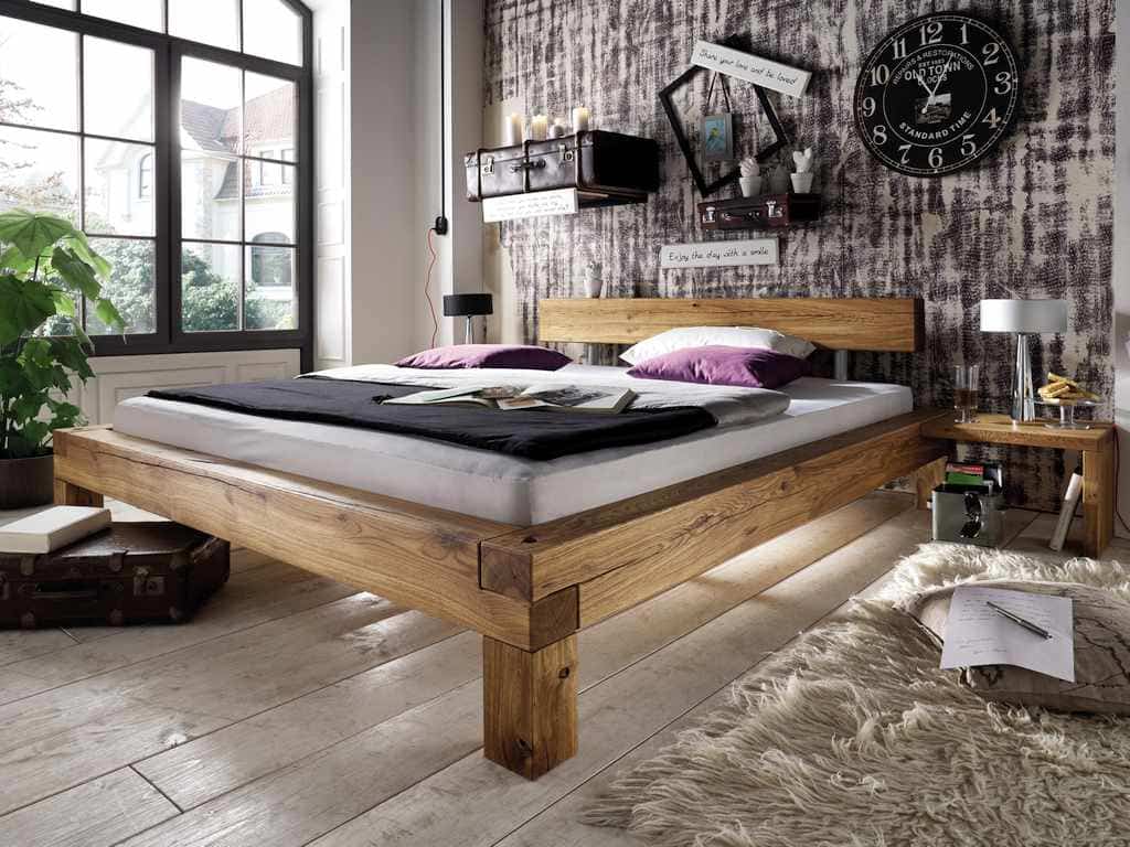 Balkenbett Massivholz Eiche ab 140x200 cm Wildeiche massiv geölt Kopfteil Balken 1