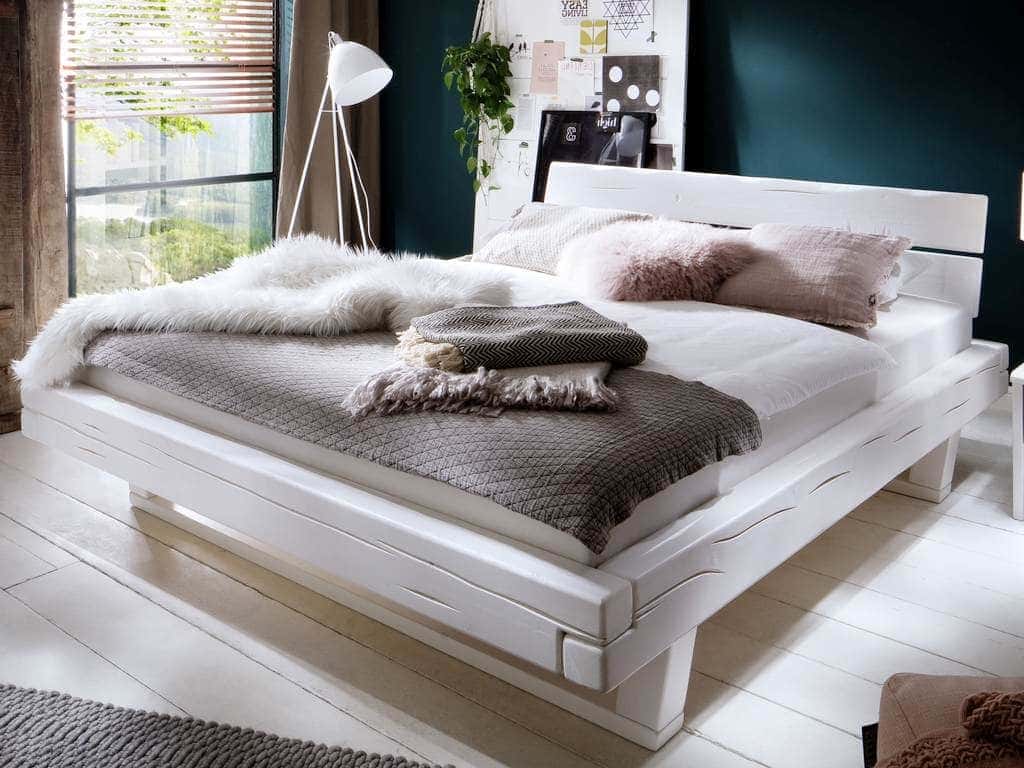 Balkenbett Massivholz Natura Fichte massiv weiss lasiert 180x200cm mit Kopfteil