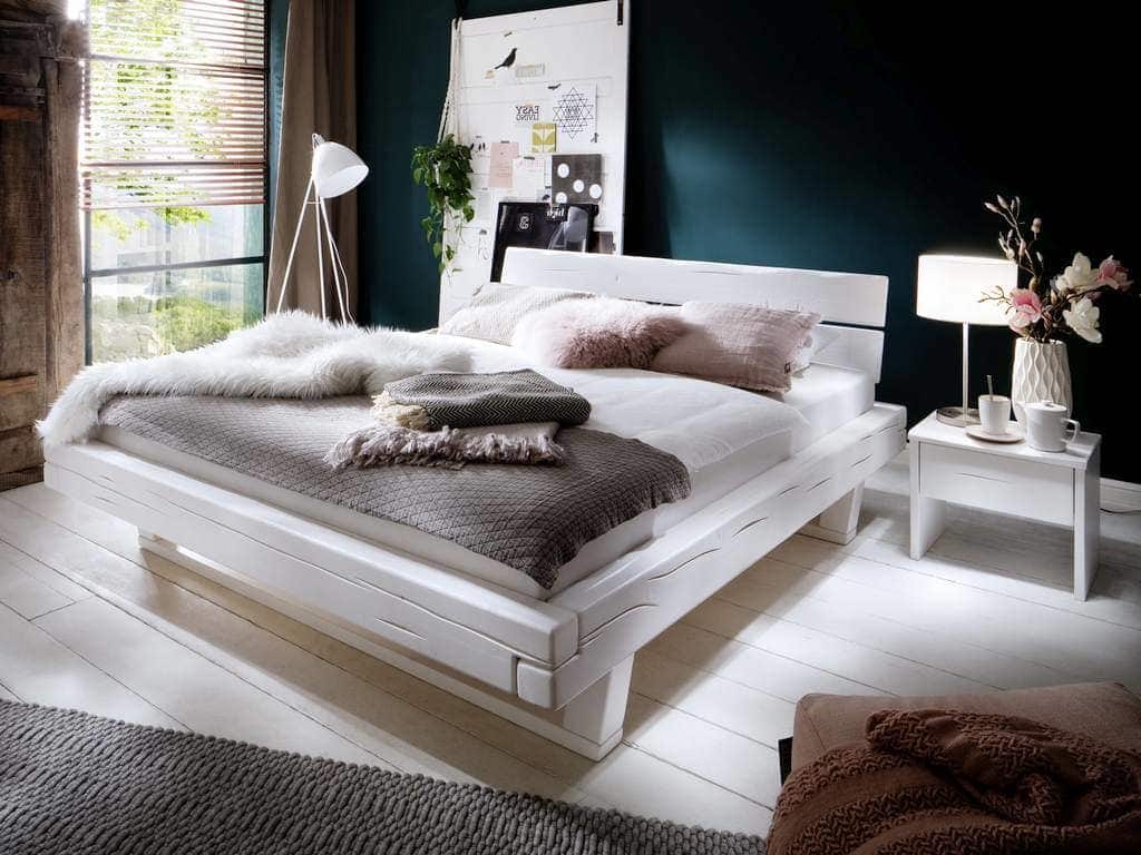 Balkenbett Massivholz Natura Fichte massiv weiss lasiert 200x200cm mit Kopfteil