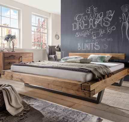 Balkenbett schwebend massiv Eiche geölt Stahlgestell 180x200cm Kopfteil mit Wildeiche Balken 1