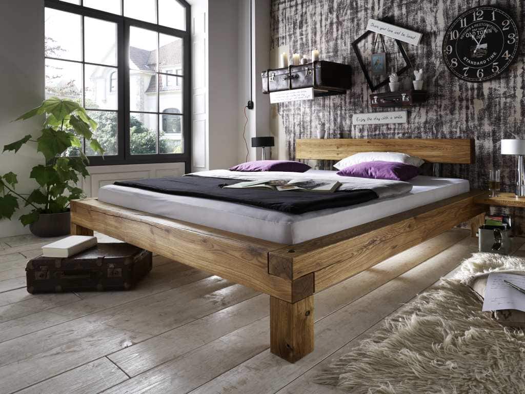 Balkenbett Massivholz Eiche 140x200 cm geölt Kopfteil Wildeiche Balken 1