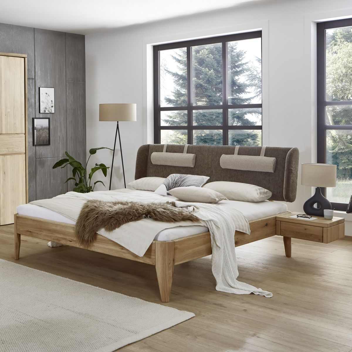 Bett Wildeiche bianco 180x200 cm geschwungenes Polster Kopfteil Cord