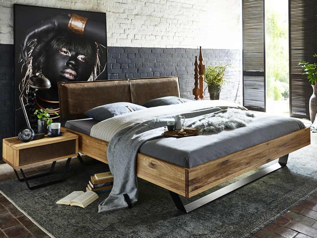 Bett Leder Kopfteil 160x200 cm Eiche massiv Industrial Stahlgestell schwarz
