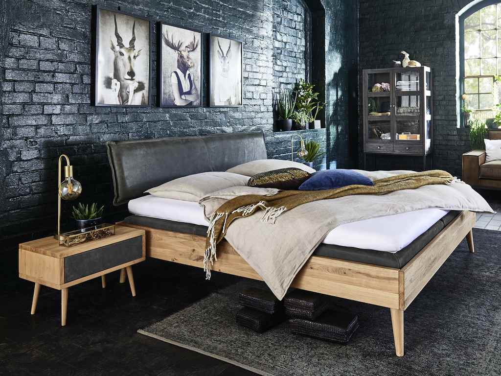 Bett Eiche Lederkopfteil 160x200 cm Massivholz bianco Landhaus modern