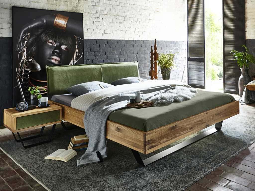 Bett Leder Kopfteil 200x200 cm Eiche massiv Industrial Stahlgestell schwarz