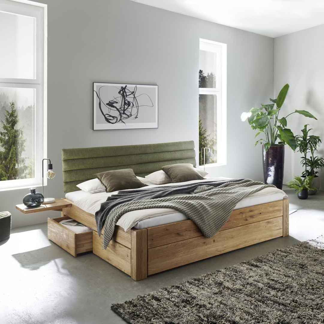 Bett Wildeiche Cordkopfteil massiv 200x200 cm mit Bettkasten Pick-Up-Möbel