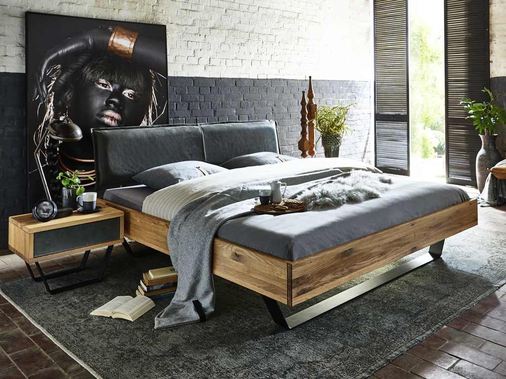 Bett Lederkopfteil 140x200 cm Eiche massiv geölt Stahlgestell Pick-Up-Möbel