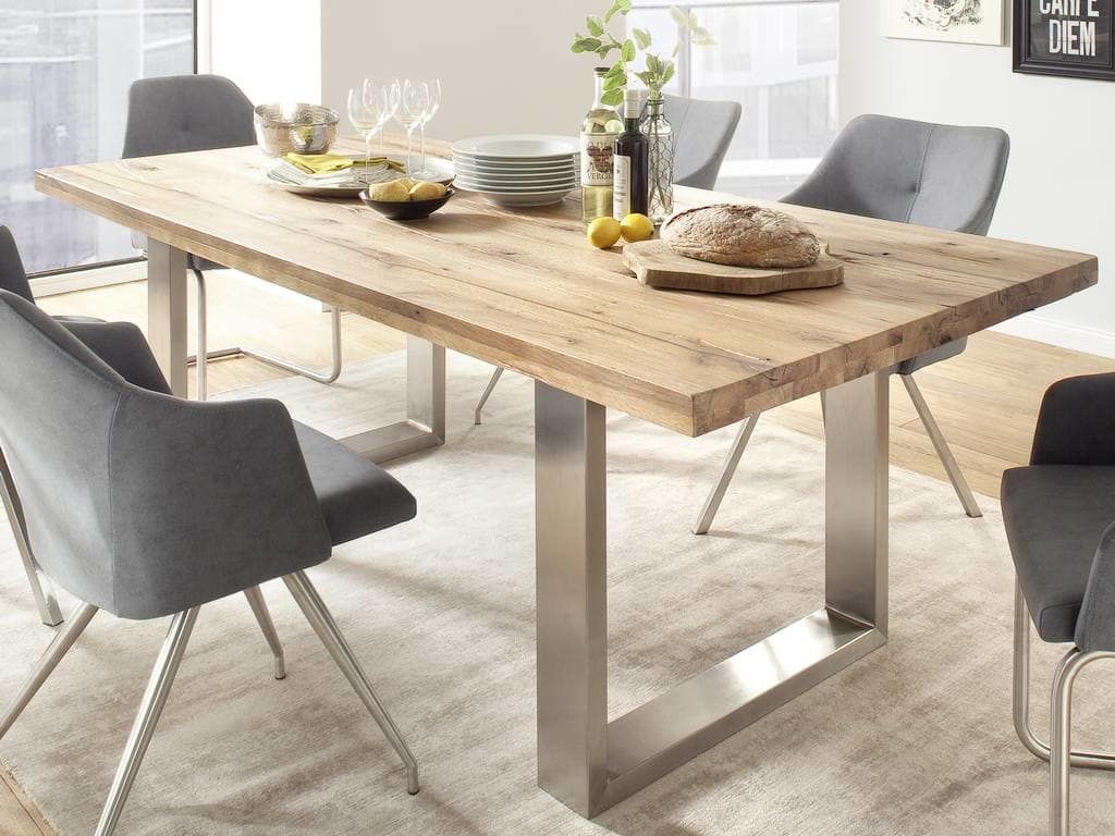 Esstisch Castello Eiche massiv 240x100cm Edelstahl Gestell Pick-Up-Möbel