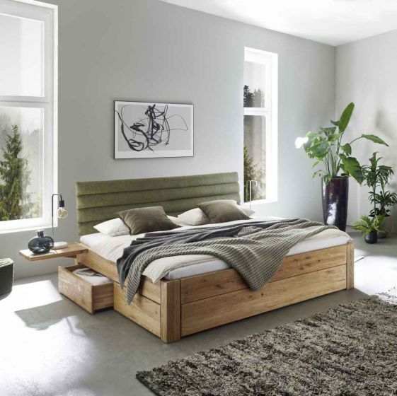 Bett Wildeiche sandgestrahlt Cord Kopfteil 200x200 cm mit Bettkasten