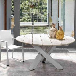 Gartentisch Teak weiß rund 150cm Metallgestell Donald Pick-Up-Möbel