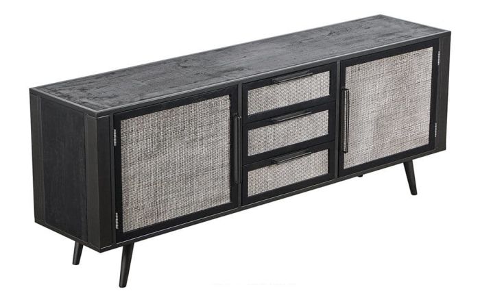 Sideboard aus schwarz lackiertem Bootsholz mit Rattan natur