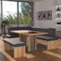 Eckbankgruppe rechts komplett 205x185cm Eiche natur Lederfarbe blue Metall natur