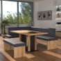 Eckbankgruppe rechts komplett 205x185cm Eiche natur Lederfarbe blue Metall schwarz