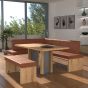 Eckbankgruppe rechts komplett 205x185cm Eiche natur Lederfarbe savannah Metall natur