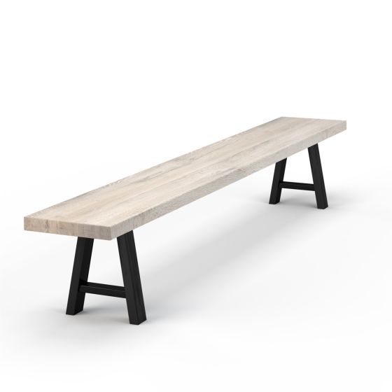 Sitzbank Eiche massiv 220cm Design Stahlgestell Halo Platte 6cm whitewash