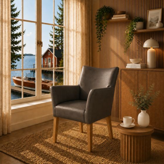 Lederstuhl Cubo Leder graphite Holz Eiche gold