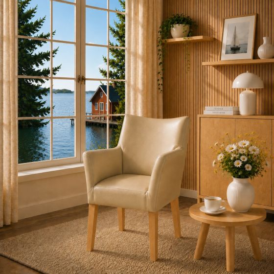 Lederstuhl Cubo Leder taupe Holz Eiche gold