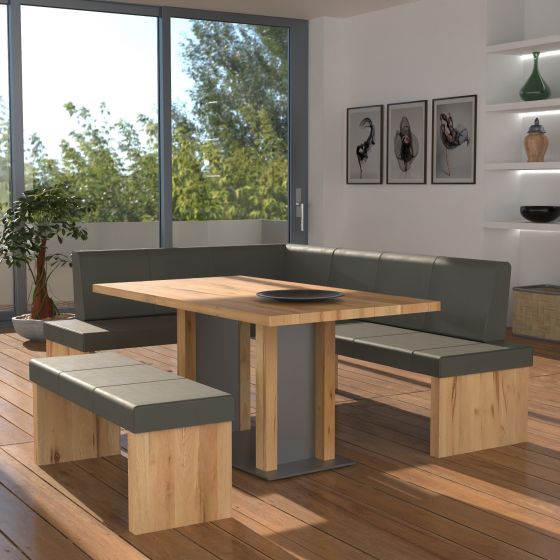Eckbankgruppe rechts komplett 205x185cm Eiche natur Lederfarbe Ash Metall natur