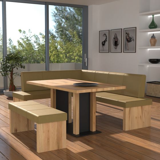 Eckbankgruppe rechts komplett 205x185cm Eiche natur Lederfarbe olive Metall schwarz