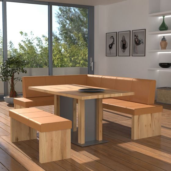 Eckbankgruppe rechts komplett 205x185cm Eiche natur Lederfarbe sahara Metall natur