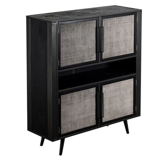 Highboard schwarz lackiert massiv mit Rattan natur