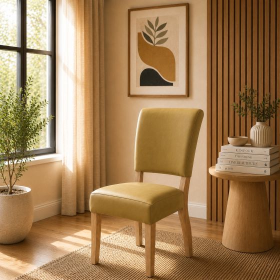 Lederstuhl Nora in Olive und Eichegestell Gold