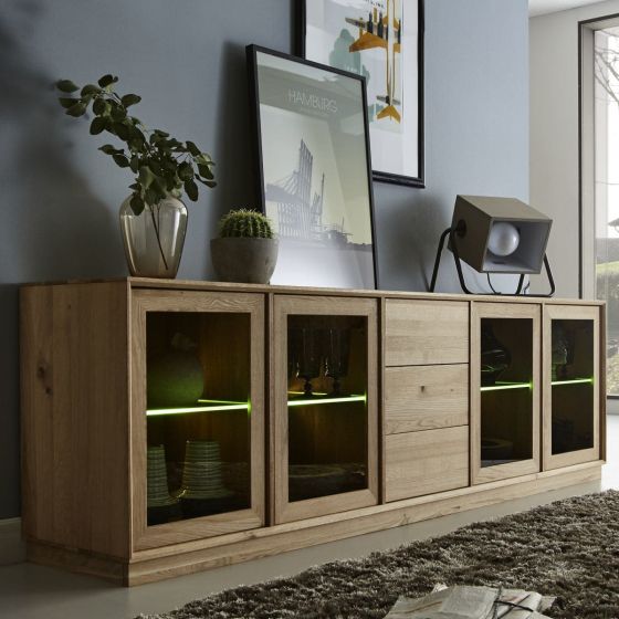 Sideboard Wildeiche massiv 4 Glastüren 3 Schubladen Cubeit Holzsockel