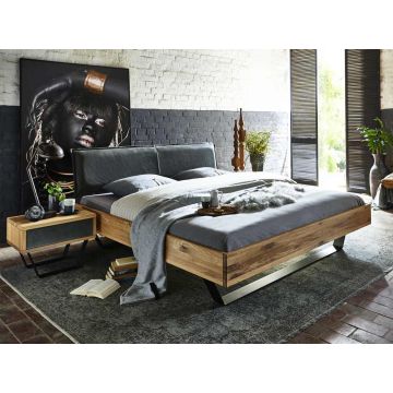 Bett Lederkopfteil 180x200 cm Eiche massiv Industrial Stahlgestell schwarz