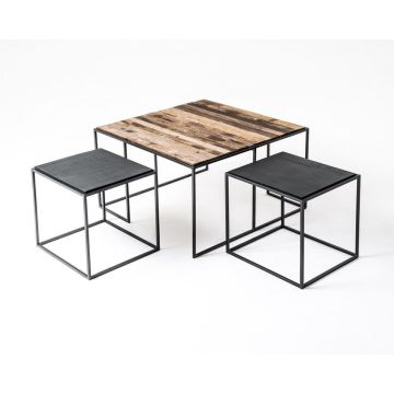Couchtisch Set Rustika 80x80 cm recyceltes Bootsholz Metall schwarz