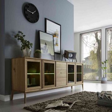 Sideboard Wildeiche massiv 4 Glastüren 3 Schubladen Cubeit