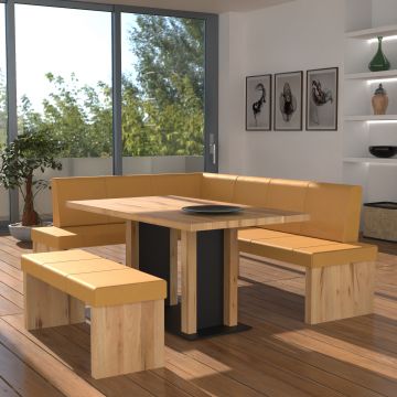 Eckbankgruppe rechts komplett 205x185cm Eiche natur Lederfarbe Amber Metall schwarz