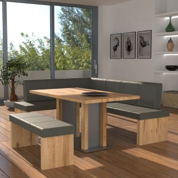 Eckbankgruppe rechts komplett 205x185cm Eiche natur Lederfarbe Ash Metall natur