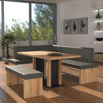 Eckbankgruppe rechts komplett 205x185cm Eiche natur Lederfarbe Ash Metall schwarz