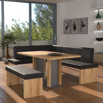 Eckbankgruppe rechts komplett 205x185cm Eiche natur Lederfarbe black Metall natur