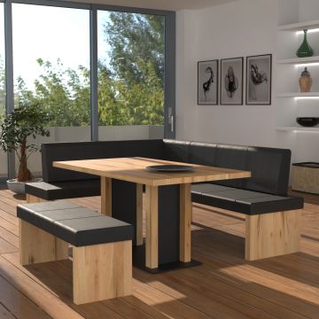 Eckbankgruppe rechts komplett 205x185cm Eiche natur Lederfarbe black Metall schwarz