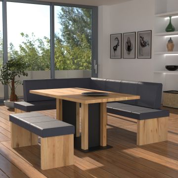 Eckbankgruppe rechts komplett 205x185cm Eiche natur Lederfarbe blue Metall schwarz