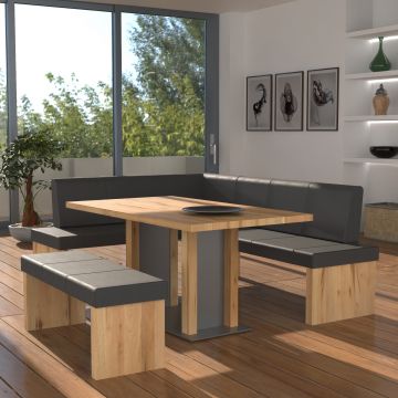 Eckbankgruppe rechts komplett 205x185cm Eiche natur Lederfarbe graphite Metall natur