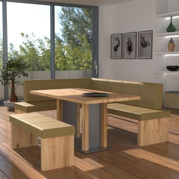 Eckbankgruppe rechts komplett 205x185cm Eiche natur Lederfarbe olive Metall natur