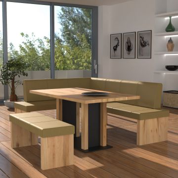 Eckbankgruppe rechts komplett 205x185cm Eiche natur Lederfarbe olive Metall schwarz