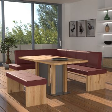 Eckbankgruppe rechts komplett 205x185cm Eiche natur Lederfarbe rouge Metall natur