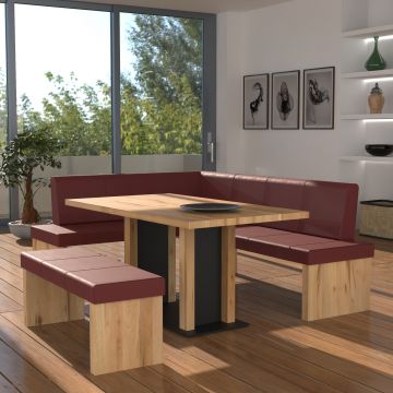 Eckbankgruppe rechts komplett 205x185cm Eiche natur Lederfarbe rouge Metall schwarz
