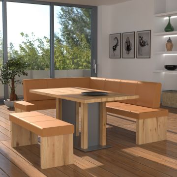 Eckbankgruppe rechts komplett 205x185cm Eiche natur Lederfarbe sahara Metall natur