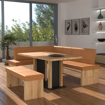 Eckbankgruppe rechts komplett 205x185cm Eiche natur Lederfarbe sahara Metall schwarz