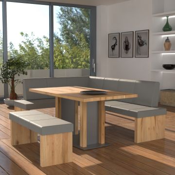 Eckbankgruppe rechts komplett 205x185cm Eiche natur Lederfarbe steel Metall natur