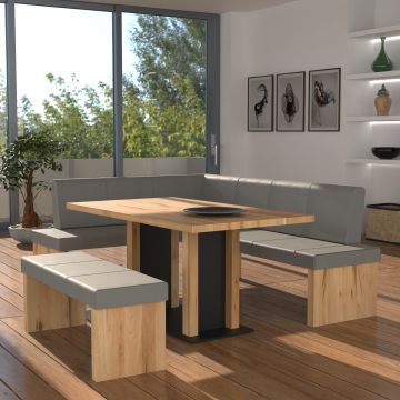 Eckbankgruppe rechts komplett 205x185cm Eiche natur Lederfarbe steel Metall schwarz