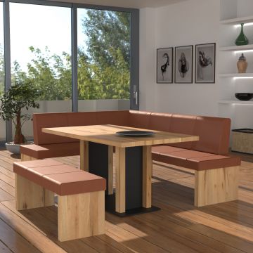 Eckbankgruppe rechts komplett 205x185cm Eiche natur Lederfarbe savannah Metall schwarz
