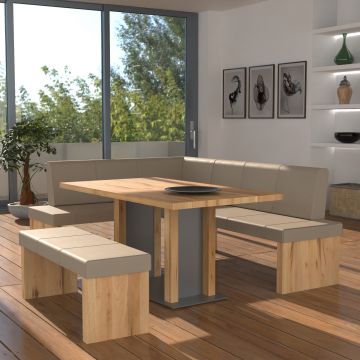 Eckbankgruppe rechts komplett 205x185cm Eiche natur Lederfarbe taupe Metall natur