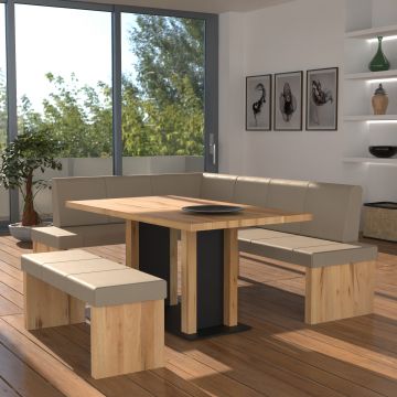 Eckbankgruppe rechts komplett 205x185cm Eiche natur Lederfarbe taupe Metall schwarz