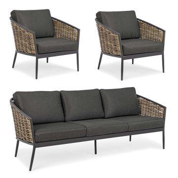 Gartenlounge wetterfest Aluminium Polyrattan Maribela mit Polster 3tlg Set anthrazit