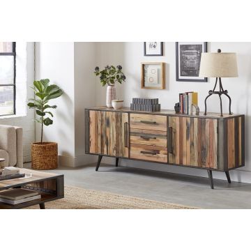 Sideboard Nordic mit 3 Schubladen 200x45 cm recyceltes Bootsholz Metallrahmen